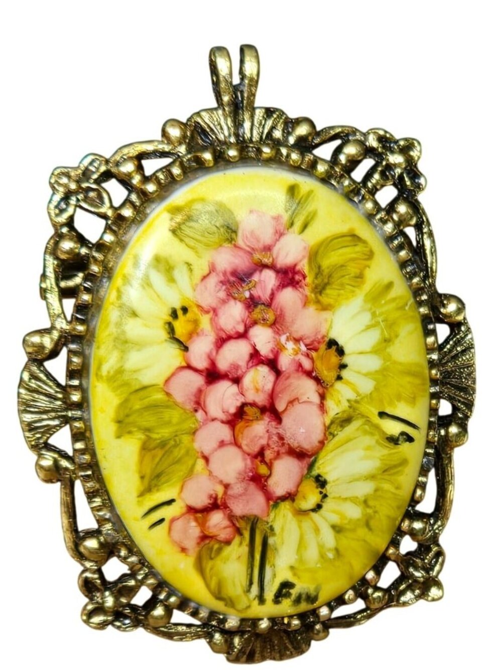 Vintage Hand Painted Porcelain Floral Brooch Pendant Signed Oval Brass Frame